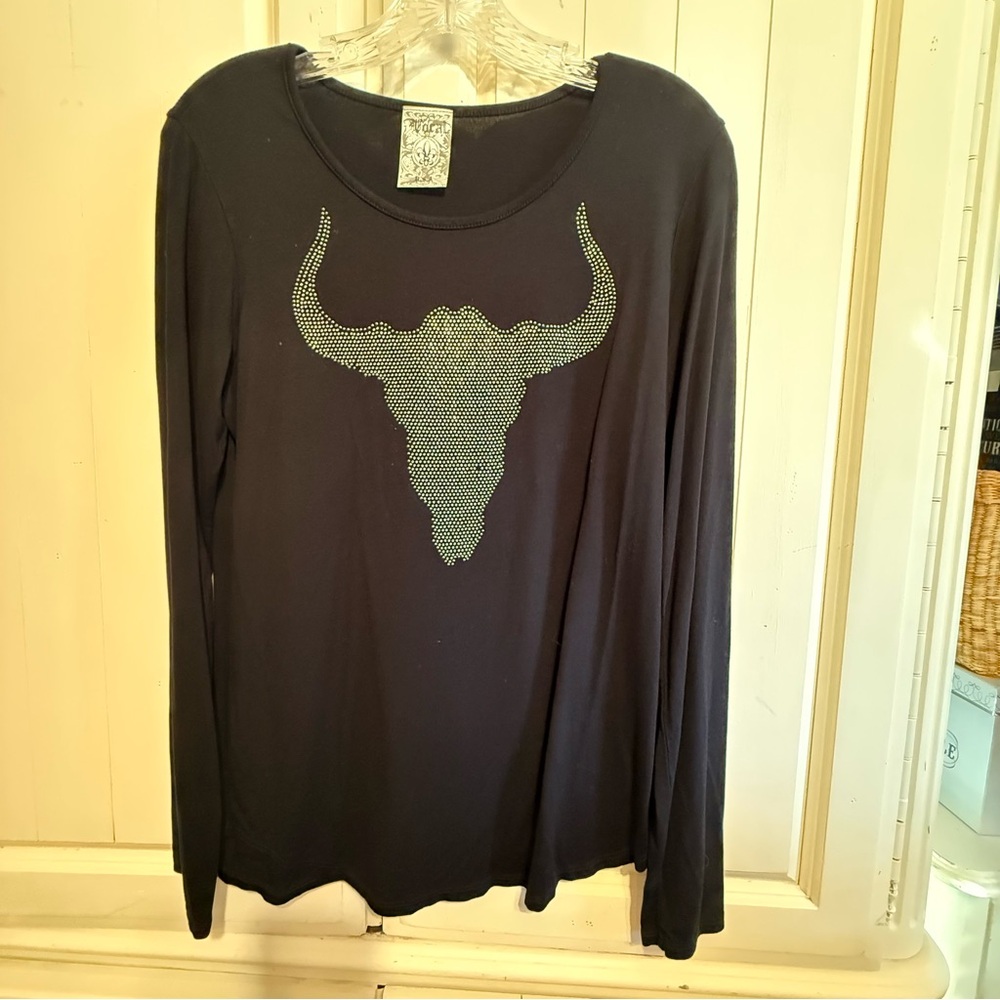 Vocal Black Long Sleeve Top with Rhinestone Bull Design